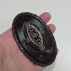 Leather? Oval Barrett, Silver Toned Accent, Brown And Black